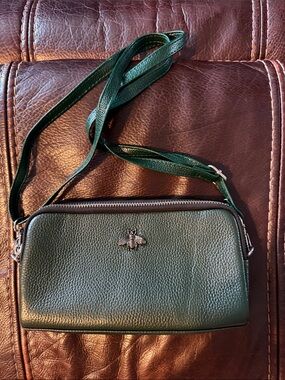 Green Leather Crossbody Bag with Bee Accent & Phone Pocket